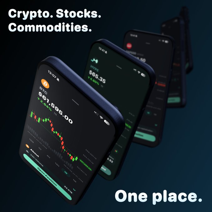 Three smartphones display trading interfaces showing BTC ($61,595.00) and HYPE ($65.35) with candlestick charts, promoting the "Rainbow" app as a unified platform for "Crypto. Stocks. Commodities. One place." to make trading assets like Hyperliquid accessible in one location.