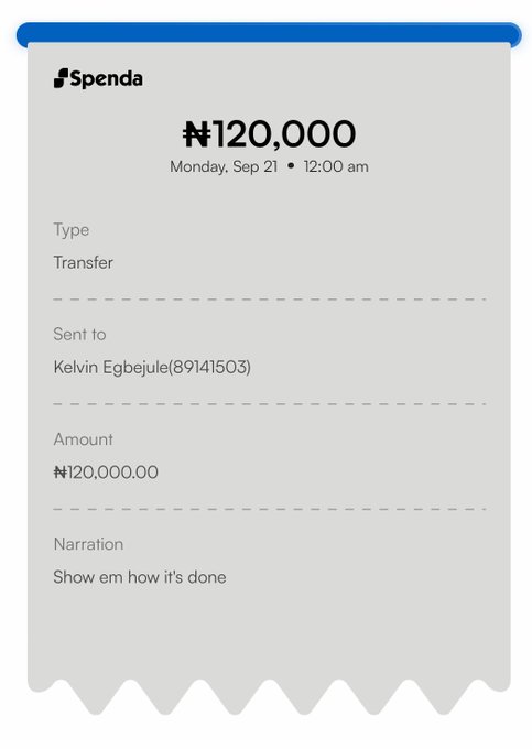 A Spenda transfer receipt showing ₦120,000 sent to Kelvin Egbejule (89141503) on Monday, Sep 21 at 12:00 am, with the narration "Show em how it's done." This corresponds to the ₦120k tip promised to one of the winners (@kellyofweb3_) mentioned in the post.