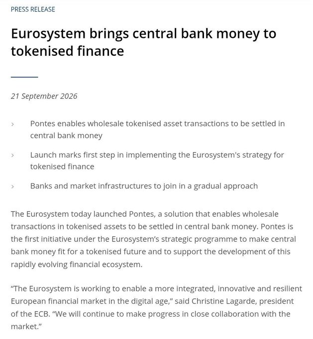 ECB press release dated 21 September 2026 titled "Eurosystem brings central bank money to tokenised finance," announcing the launch of Pontes, the first initiative under the Eurosystem's tokenised finance strategy, with a quote from ECB President Christine Lagarde. The image ties to $ONDO by highlighting a key institutional milestone—central-bank-backed settlement for tokenized assets—that reinforces the broader tokenization trend the post highlights as a catalyst for ONDO.