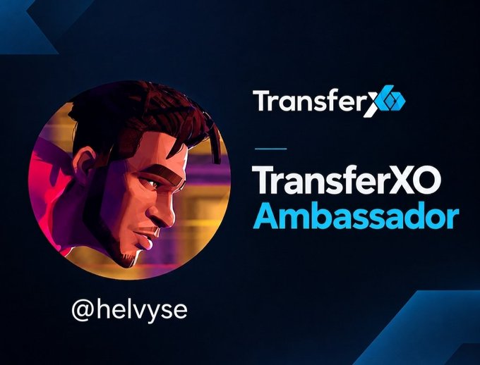 A promotional graphic featuring an illustrated profile of a man inside a circle, labeled 'TransferXO Ambassador @helvyse' alongside the TransferXO logo.