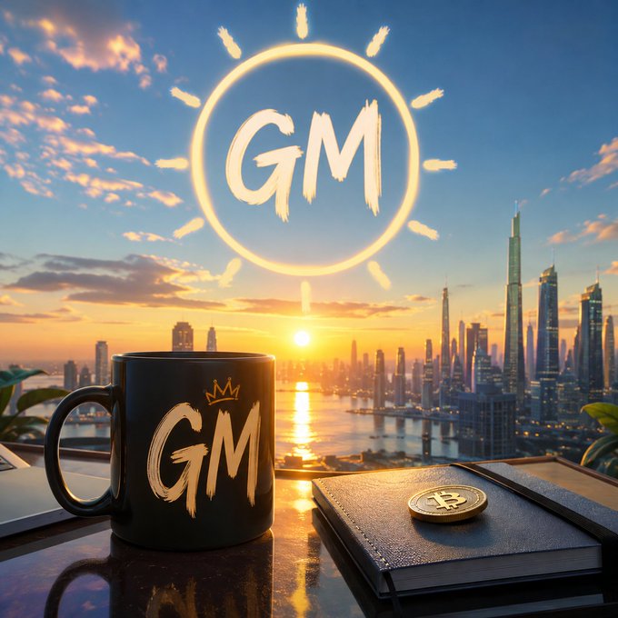 A black mug with 'GM' lettering and a crown sits next to a notebook with a Bitcoin coin, against a sunset cityscape with a large glowing 'GM' sun logo overhead.
