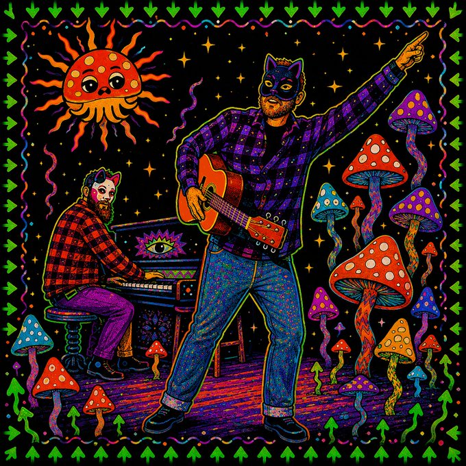 A vibrant psychedelic illustration of two musicians with cat masks playing guitar and piano, surrounded by mushrooms, a sun, and an eye motif against a starry background.