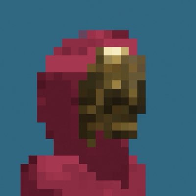 A low-resolution, pixelated illustration of a figure wearing a red hooded cloak with a golden or brass-colored face mask or visor, set against a solid blue background.