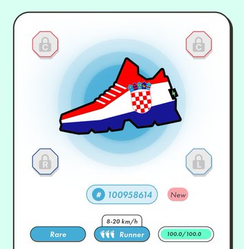 The image features a cartoon shoe with a flag design, which appears to be a representation of Croatia's national colors - red, white, and blue. The shoe is displayed prominently against a light green background, making it stand out. In the bottom right corner of the image, there are three small circles containing lock symbols, possibly indicating that the shoe has been locked in a virtual auction or sale.