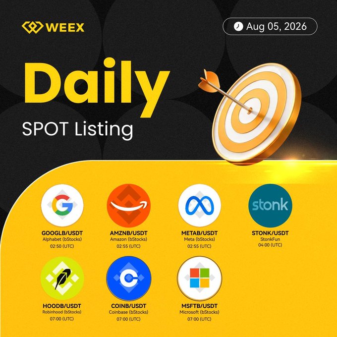 A promotional graphic from WEEX dated August 5, 2026, announcing daily spot listings for seven trading pairs—GOOGL, AMZN, META, STONK, HOOD, COIN, and MSFT—all paired against USDT, with staggered listing times ranging from 02:50 UTC to 07:00 UTC. The design features a target/dartboard motif on a black and yellow background, visually echoing the post's "Spot Daily Listing Report."