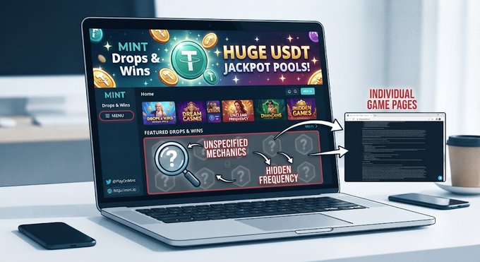 A laptop screen displays a website for 'MINT' featuring 'HUGE USDT JACKPOT POOLS' and various game thumbnails, with annotations pointing to 'UNSPECIFIED MECHANICS' and 'HIDDEN FREQUENCY' areas, alongside a second monitor showing 'INDIVIDUAL GAME PAGES'.