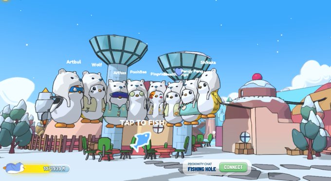 A group of cartoon polar bears with usernames like "Arthu," "Wolf," "Pasha," and "Snaka" gather around a "Tap to Fish" spot in what appears to be the Pudgy Penguins-related game @PudgyWorld_, matching the post's playful description of a "Bear party" in the Web3 gaming world, with a progress chat for "Fishing Hole."