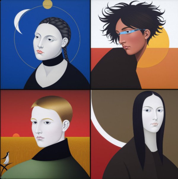 Four stylized portrait panels with bold geometric backgrounds in blue, orange, red, and olive, featuring figures with distinct hair colors and minimalist features.