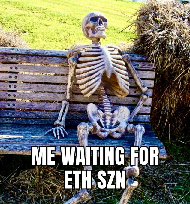 A plastic skeleton sitting on a wooden bench next to hay bales, with the caption 'ME WAITING FOR ETH SZN' overlaid in white text.