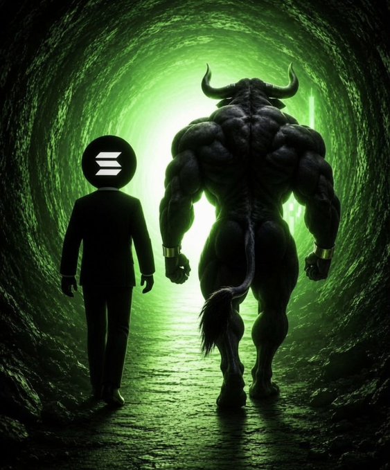 A figure in a suit with the Solana logo as its head walks alongside a muscular bull character down a green, glowing tunnel, visually representing the $ANSEM crypto's bullish sentiment and expected rapid growth.