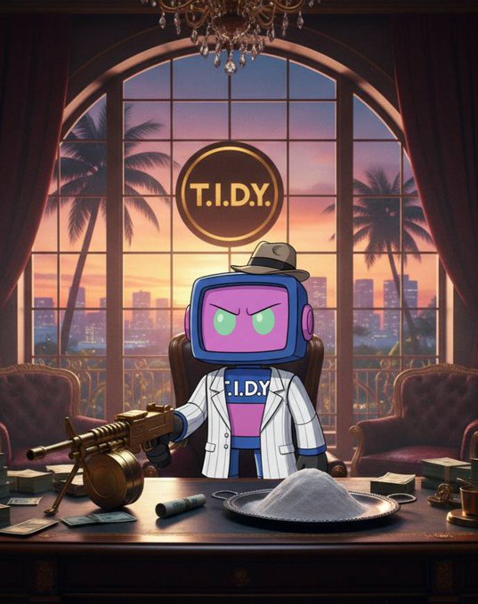A cartoon character with a television for a head, wearing a lab coat and hat labeled "T.I.D.Y.," sitting at a desk with a gold machine gun and a plate of white powder, set against a sunset cityscape.