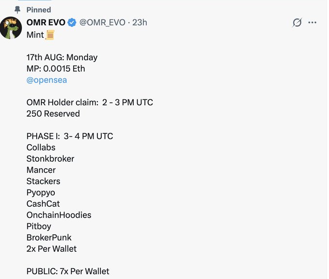A pinned tweet from @OMR_EVO announcing an NFT mint on August 17th with a price of 0.0015 ETH on OpenSea, featuring an OMR Holder claim phase (2-3 PM UTC, 250 reserved), a Phase 1 (3-4 PM UTC) whitelist of projects including Collabs, Stonkbroker, Mancer, Stackers, Pyopyo, CashCat, OnchainHoodies, Pitboy, and BrokerPunk at 2x per wallet, followed by a public phase at 7x per wallet. The post highlights how the RH NFT ecosystem mirrors Ordinals and encourages holders of the whitelisted collections not to miss the mint, with a giveaway planned for non-holders.