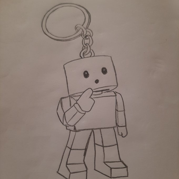 A pencil sketch of a blocky, robot-like character with a keychain ring attached to its head, posing with one hand near its face.