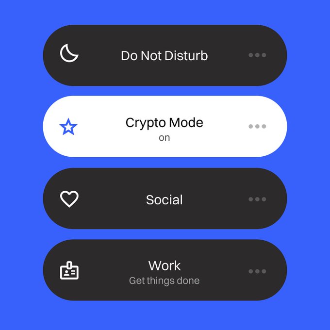 A smartphone settings menu on a blue background displays four mode options, with "Crypto Mode" highlighted in white and marked as "on," accompanied by a star icon. The other modes shown include "Do Not Disturb," "Social," and "Work (Get things done)," reinforcing the "Crypto Mode. Always on." message.