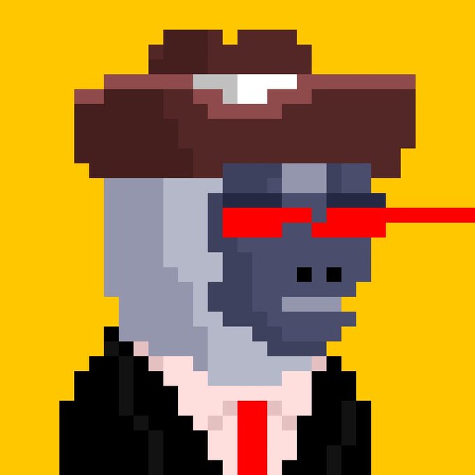 A pixel-art character with gray skin, wearing a dark cowboy hat, red sunglasses emitting a red laser beam, and a black jacket with a red tie, set against a solid yellow background.