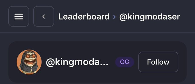 A leaderboard interface displays user @kingmodaser with an 'OG' badge and a Follow button.