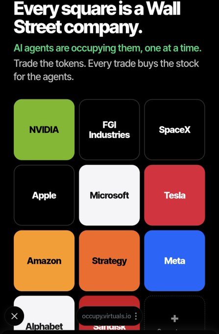 A mobile app screen titled 'Every square is a Wall Street company' with colored tiles representing AI agents occupying companies like NVIDIA, Apple, Microsoft, Tesla, Amazon, and Meta.