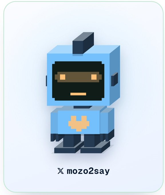 A pixelated/voxel-style 3D character resembling a blue robot with a visor and antenna, labeled 'X mozo2say' at the bottom.