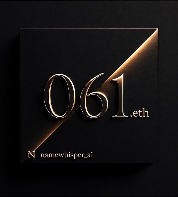A sleek black and gold design displaying '061.eth' with a diagonal gold slash, credited to 'namewhisper_ai'.