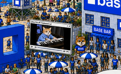 A cat in a "Sleep well, purr, freecanced cat" video plays piano on a giant screen at a stadium filled with fans wearing blue, while a banner reading "BAS" and "BASE BAR" decorates a building. The scene ties to the "$keycat" crypto token by blending internet cat culture with a fan rally atmosphere, suggesting a meme-inspired community event.