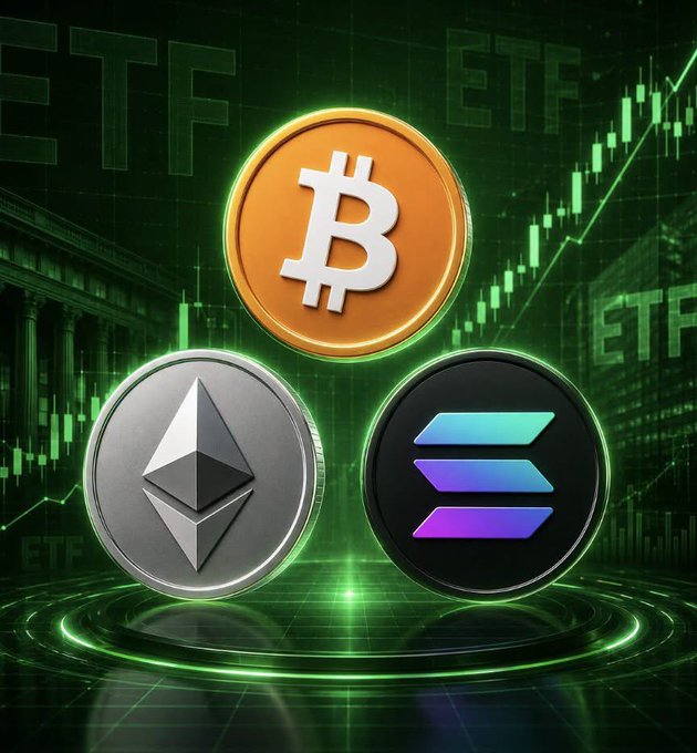 Three cryptocurrency coins (Bitcoin, Ethereum, and Solana) float against a green background featuring 'ETF' text and a rising stock chart.