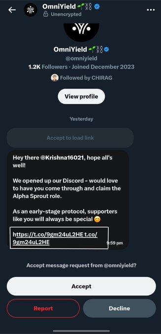 A screenshot of a Twitter/X direct message from OmniYield (@omniyiel) attempting to lure the recipient with an 'Alpha Sprout role' via a suspicious Discord link (t.co/9gm24uL2HE).