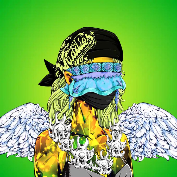 A stylized digital illustration shows a figure with angel wings, a black bandana reading "Tribal," and a turquoise face covering against a bright green background.