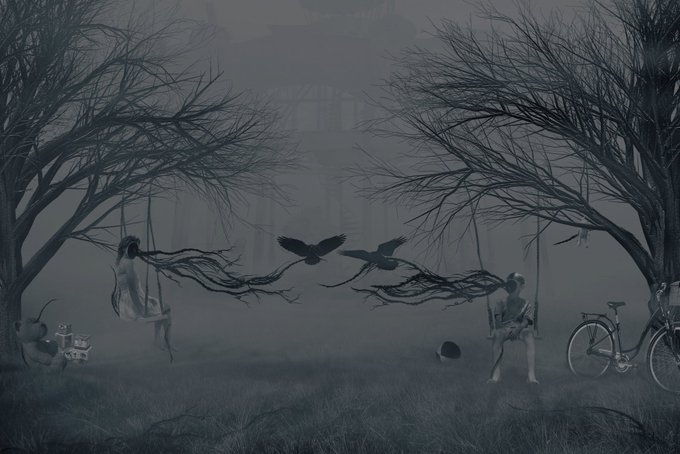 A dark, moody digital illustration of a misty scene with two skeletal figures on swings, a child playing with toys, a bicycle, and crows in a desolate landscape.