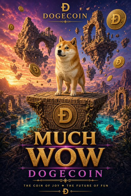 A vibrant promotional poster for Dogecoin featuring a Shiba Inu dog standing on a stone pedestal amid floating ruins and golden Doge coins, with text reading 'DOGECOIN', 'MUCH WOW', and 'THE COIN OF JOY + THE FUTURE OF FUN'.