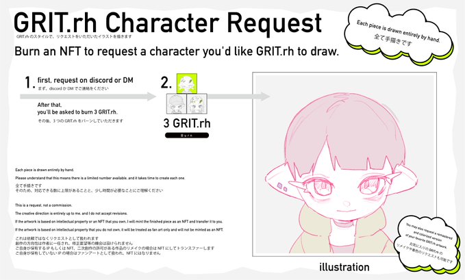 An instructional page titled 'GRIT.rh Character Request' explaining how to request hand-drawn character illustrations by burning 3 GRIT.rh NFTs, featuring a sample pink-haired anime-style character drawing.