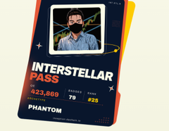 A man wearing a face mask is pictured on an "INTERSTELLAR PASS" card (Phantom blockchain wallet) displaying stats: rank #25 and a balance of 7.0. The card's bold red design complements the post's exciting announcement about the DAC Chain mainnet launch and TGE.
