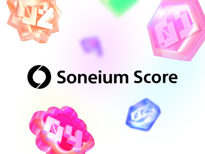 A 'Soneium Score' promotional graphic featuring colorful 3D cubes displaying various score tiers (NZ, N, A4, B2) with a pastel background.