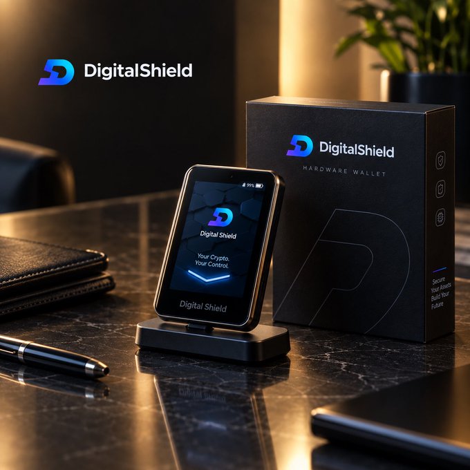 A product photo featuring a DigitalShield hardware wallet device displaying the DigitalShield logo with the tagline 'Your Crypto. Your Control.' next to its black retail box, with the DigitalShield branding visible above.