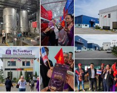 The collage showcases BLiveMart's manufacturing facility, office building, and team members proudly displaying certificates of appreciation with Vietnamese flags, illustrating the company's global partnerships and Pioneers celebrating mutual success across different markets.