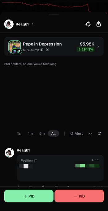 A dark-mode mobile trading interface shows “Pepe in Depression,” ticker-like text “$5.98K,” “6Lv_pump,” “268 holders,” position markers, and green “+ PID” and red “− PID” buttons.