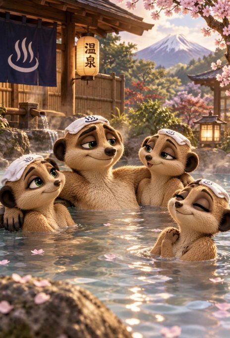 An animated illustration of four meerkats wearing small head towels relaxing in an outdoor hot spring, with Mount Fuji and cherry blossoms in the background and a sign reading '温泉' (onsen).
