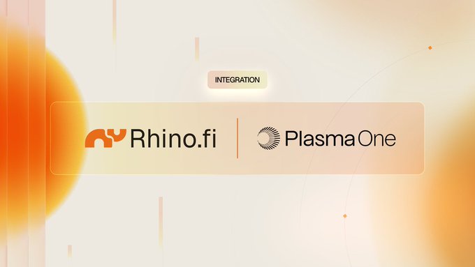 The image features an orange logo for Rhino.fi, which is a company that specializes in stablecoins. The logo includes a stylized "r" and "h" design elements, along with the words "rhino.fi". Below this logo, there's a description of how Rhino.fi uses stablecoins to create Plasma One, a platform that allows users to invest their money into various assets like cryptocurrencies or other digital tokens. The image also includes text that reads: "Stablecoins will feel like money with Plasma One" and "Focus on what is in the image and how it relates to the post".