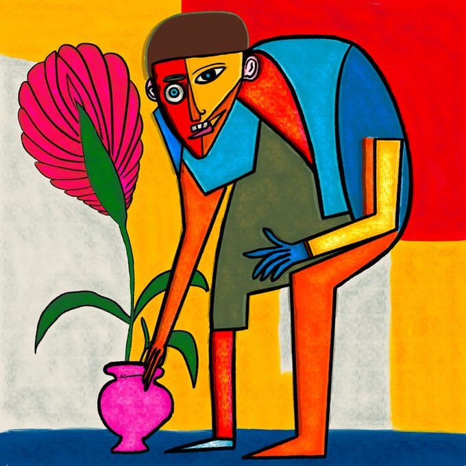 A colorful, abstract painting of a hunched, angular figure with a face divided into red and yellow sections, tending to a pink flower in a magenta vase.