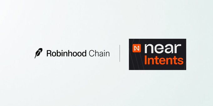 The image displays the Robinhood Chain logo alongside the Near Intents logo, visually representing the partnership mentioned in the post where Near Intents will connect to Robinhood Chain to enable seamless one-click fund transfers between the two platforms.