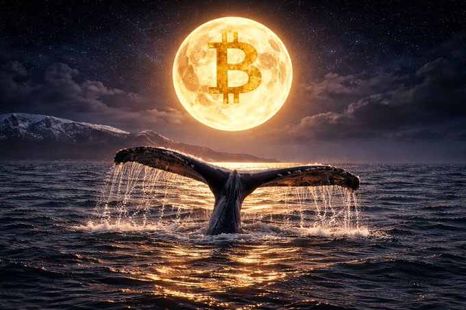 A whale's tail rises from moonlit waters against a full moon displaying the iconic "₿" Bitcoin logo, symbolizing the awakening of dormant crypto fortunes as six long-inactive wallets moved 553.59 BTC ($40M) originally acquired near $14—now up over 460,000%.