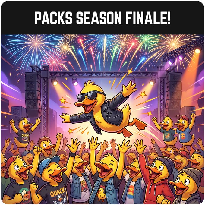 A vibrant cartoon-style promotional image titled 'PACKS SEASON FINALE!' featuring an animated duck in sunglasses and a leather jacket jumping on stage in front of a cheering duck crowd with fireworks overhead.