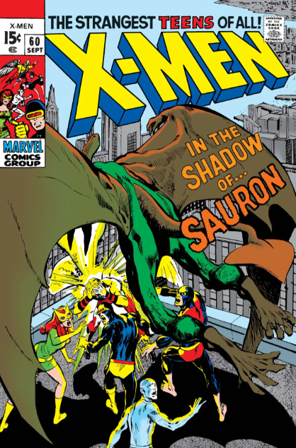 The cover of X-Men comic issue #60, titled 'In the Shadow of... Sauron,' depicting several X-Men characters in combat with a large pterodactyl-like creature in a city setting.