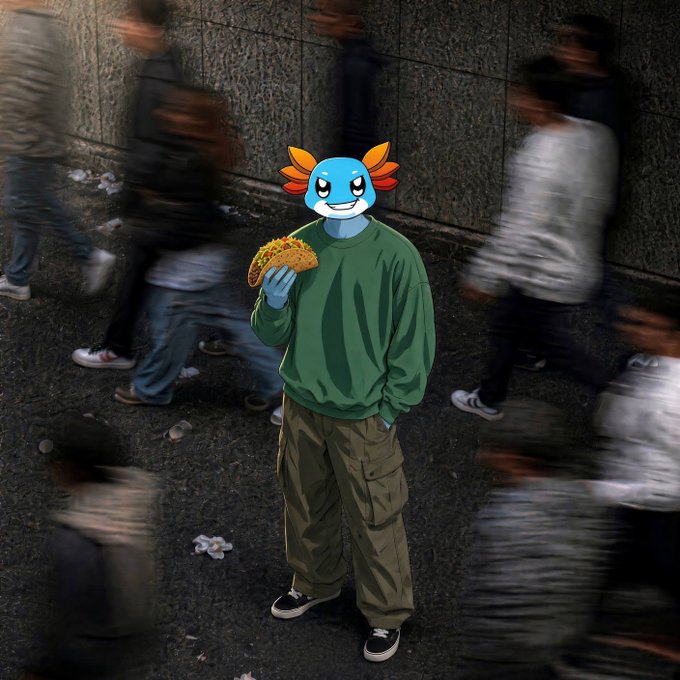An axolotl-headed character in a green sweater and cargo pants calmly holds a taco while blurred pedestrians rush past in a subway station.