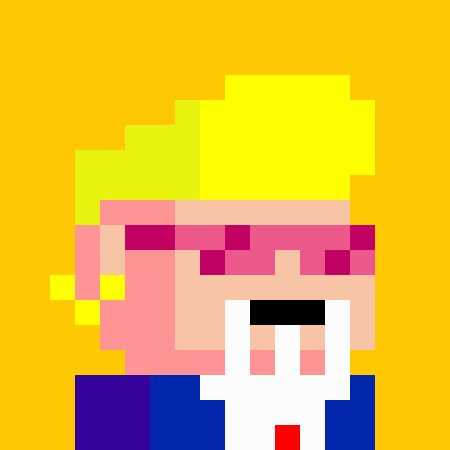 A pixel art illustration of a crying man with yellow hair wearing a blue suit and red tie against a yellow background.
