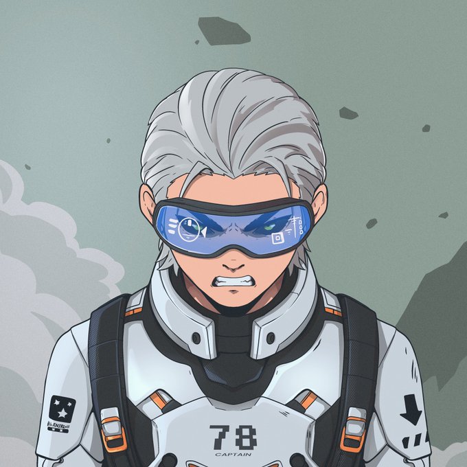 Anime-style illustration of a white-haired character wearing blue visor glasses and a white futuristic suit labeled '78 CAPTAIN,' standing against a muted background with floating debris.