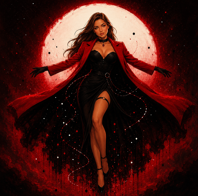 A stylized illustration of a woman in a flowing red and black dress with a cape, posed against a large, blood-red full moon.