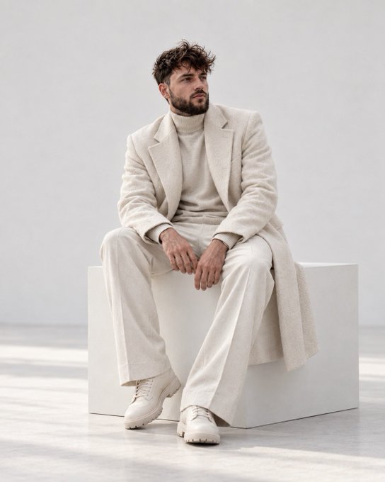 A male model with a beard sits on a white cube in a studio setting, wearing a monochromatic cream/beige outfit consisting of a long coat, sweater, and trousers.