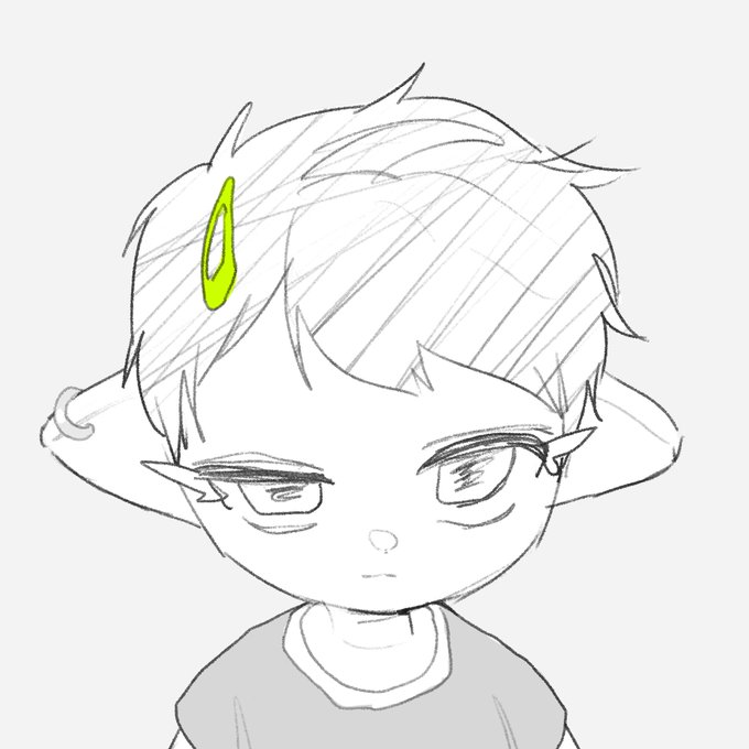 A sketch-style drawing of a chibi character with pointed ears, light hair, and a green hair clip, with a serious expression.