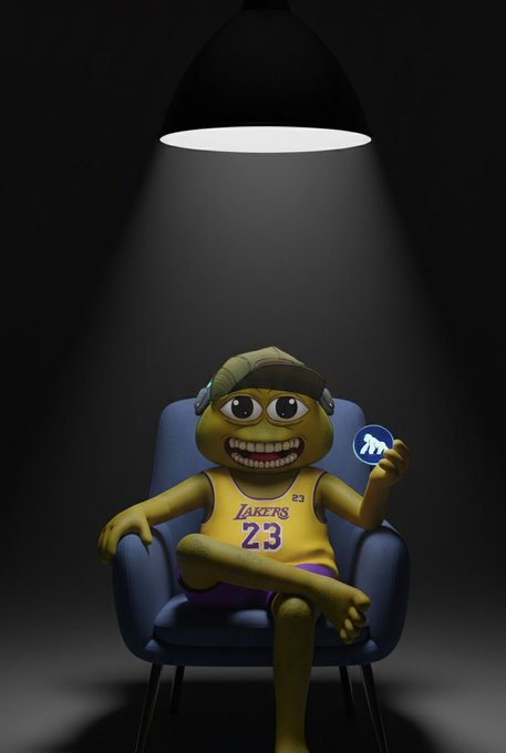 The image features a cartoon character, likely a basketball player, sitting in an office chair with their legs crossed. The character has a yellow jersey and a blue hat, giving them a unique appearance. They are holding a small object or token that appears to be a keychain or a charm. The background of the image is dark, which contrasts with the bright colors of the cartoon character's outfit.