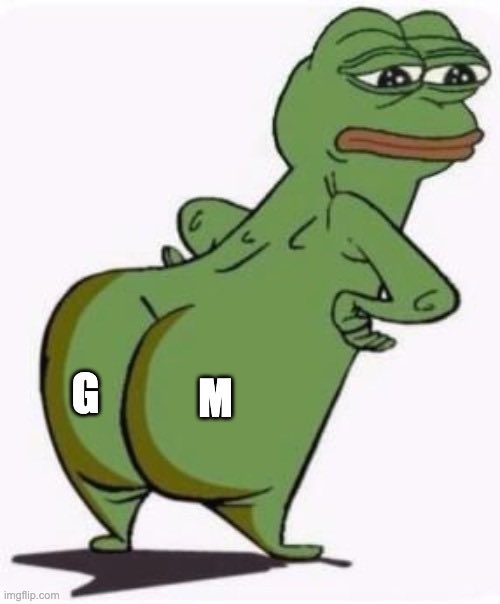 A cartoon green frog-like character with a large backside, overlaid with the letters 'G' and 'M' on its rear.